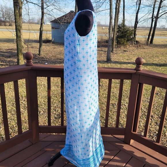 Old Navy White Blue Sleeveless Split V-Neck Geometric Print Shift Dress Size S - Picture 3 of 15